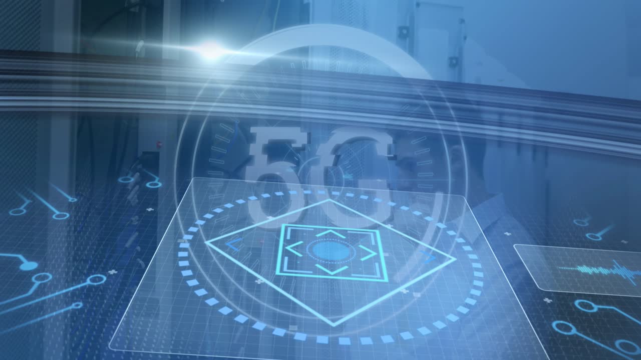Animation of 5g text over round scanner against caucasian male engineer smiling in server room
