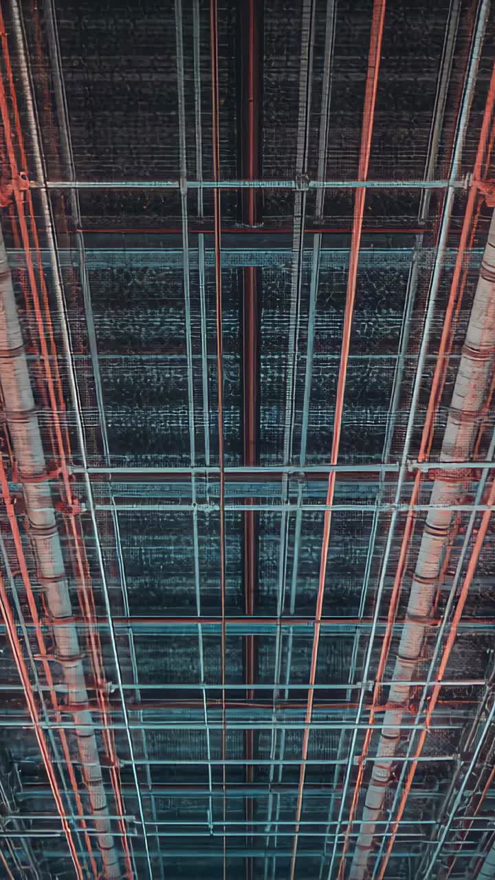 Vertical video: Tilting camera capturing ceiling grid scrolling under bridge showing pipes, wires