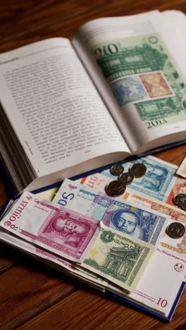 collection of old currency, books, and stamps