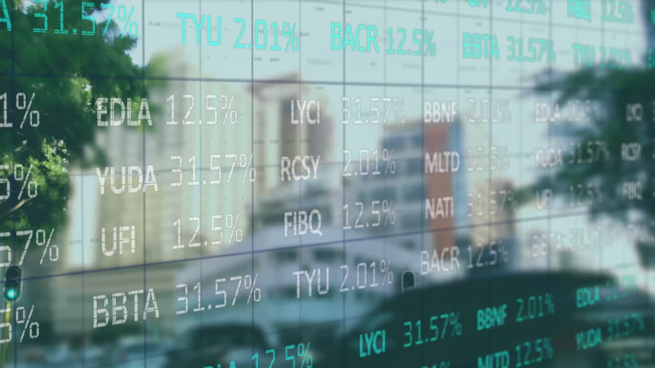 animação do processamento de dados financeiros sobre a paisagem urbana