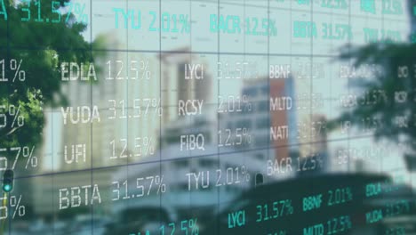 animation of financial data processing over cityscape