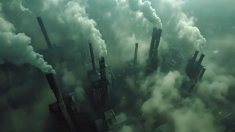 aerial view of industrial cityscape with heavy smoke and pollution