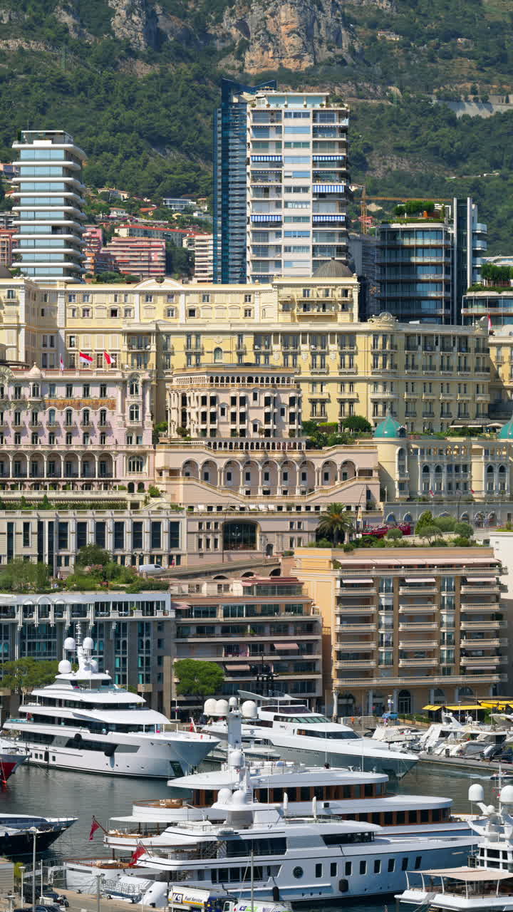 View of boats docked in the Monaco Marina with the skyline of the city on the background. Vertical