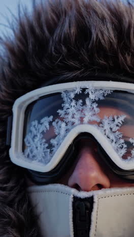 person wearing winter gear with snowflakes on goggles