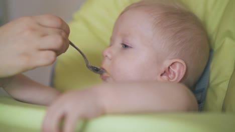 mother feeds little son with puree in comfortable highchair