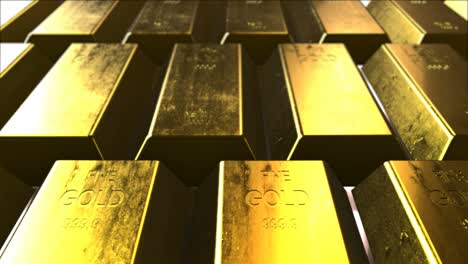 realistic golden bullions laying in rows with bright reflections seamless loop 3d animation of gold bars