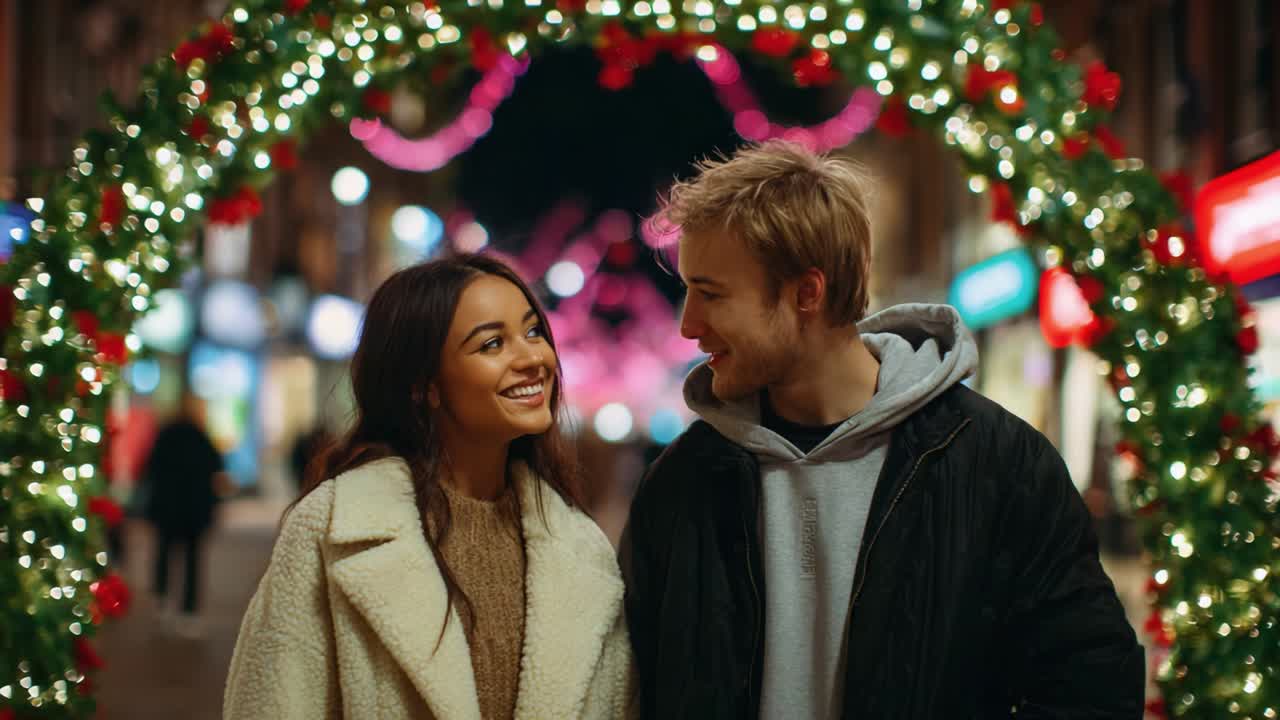 A joyful couple immersed in the holiday spirit strolls through a festive arch adorned with lights and decorations, embodying warmth and connection during a beautiful winter evening filled with love and laughter