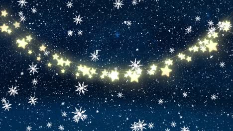 Digital-animation-of-snowflakes-falling-over-glowing-fairy-lights-against-blue-background