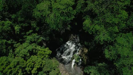 Hermosa-Cascada-En-Un-Denso-Bosque-En-Bali,-Indonesia_drone-Vista-Superior