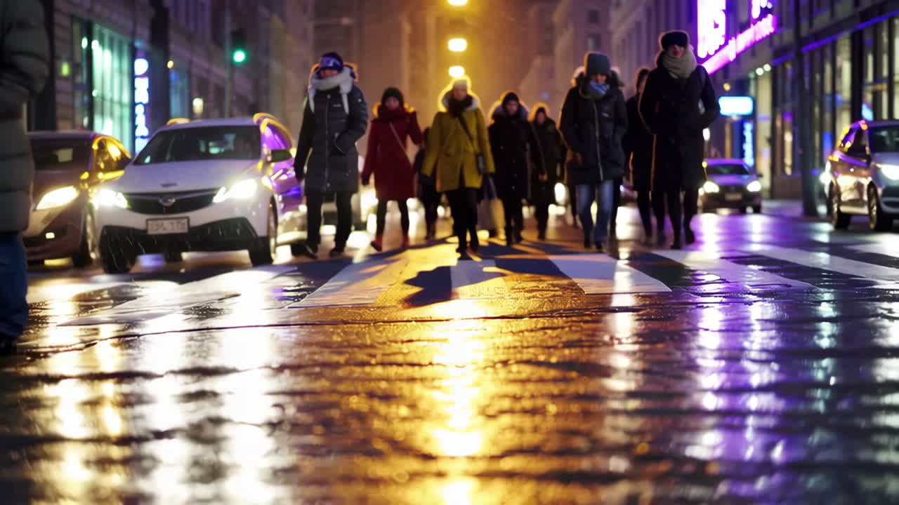 Night City Street Scene with Pedestrians