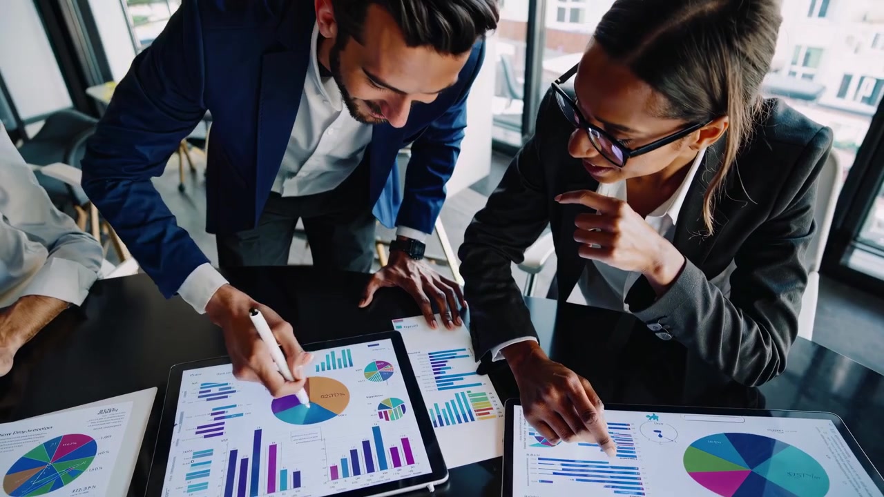 Business Team Analyzing Financial Charts on Tablets in Modern Office