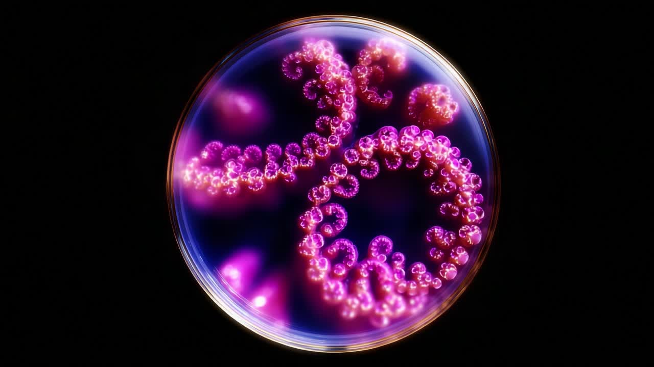Stunning Close-Up View of Vibrantly Glowing Swirling Shapes in a Petri Dish, Showcasing Mesmerizing Patterns of Microbial Life and Radiant Colors Against a Dark Background
