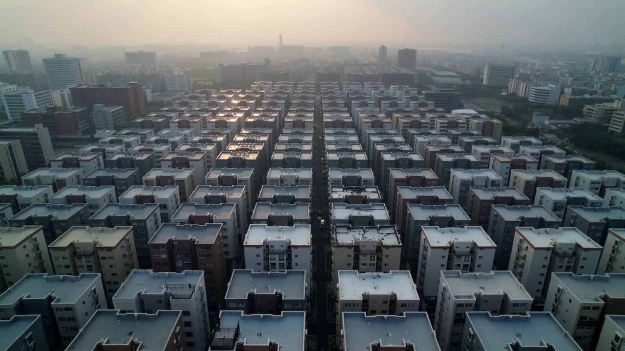 Starting drone moving to skyline over apartment blocks with central street, showing grid and vents