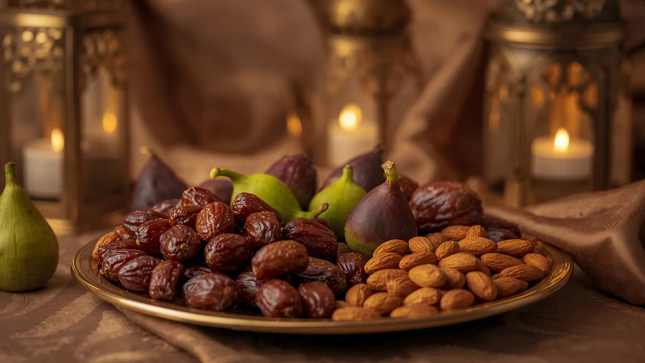Zooming camera drawing brass platter forward at table for intimate view, with dates, almonds, figs