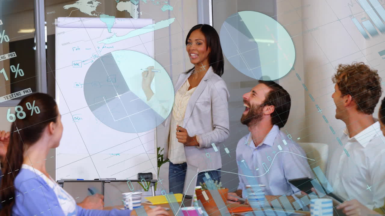 team presenting in business conference room, with animated flowchart arrows and data charts