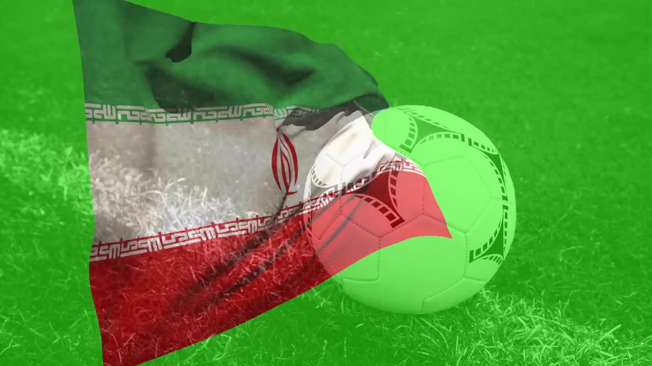 이란의 발과 축구 경기장 위의 애니메이션