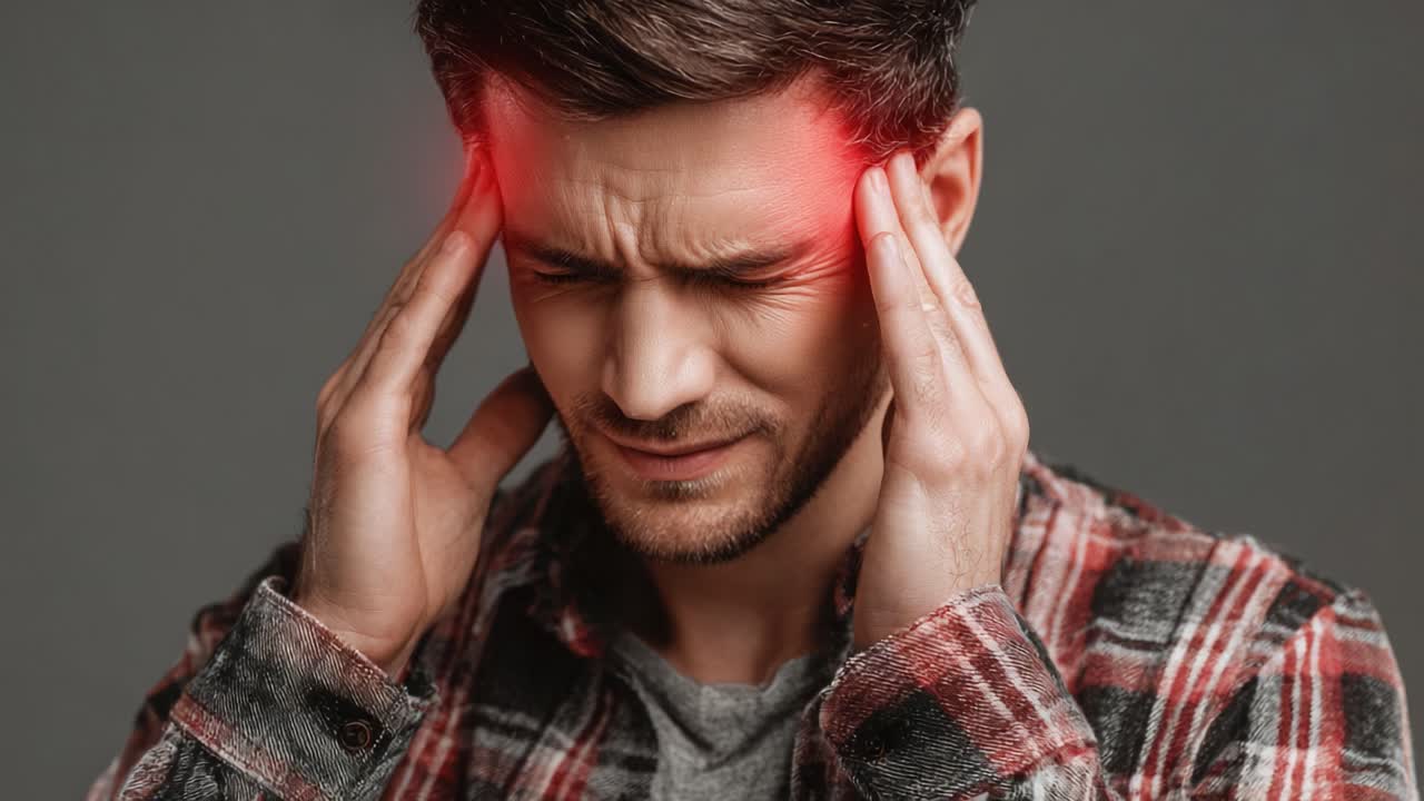 Un joven se agarra la cabeza con angustia mientras una luz roja indica un dolor intenso, lo que ilustra la intensidad de las migrañas o los dolores de cabeza en un entorno de estudio.