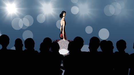 animation of fashion drawing of model on catwalk at fashion show, on blue background