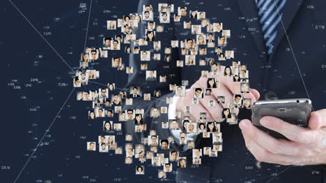 animation of a caucasian man using a smartphone with a globe of people pictures spinning