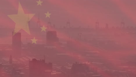 animation of flag of china over cityscape