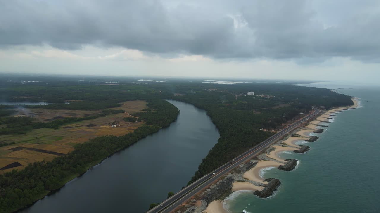 Aerial View of a River and Coastline in Kerala, India