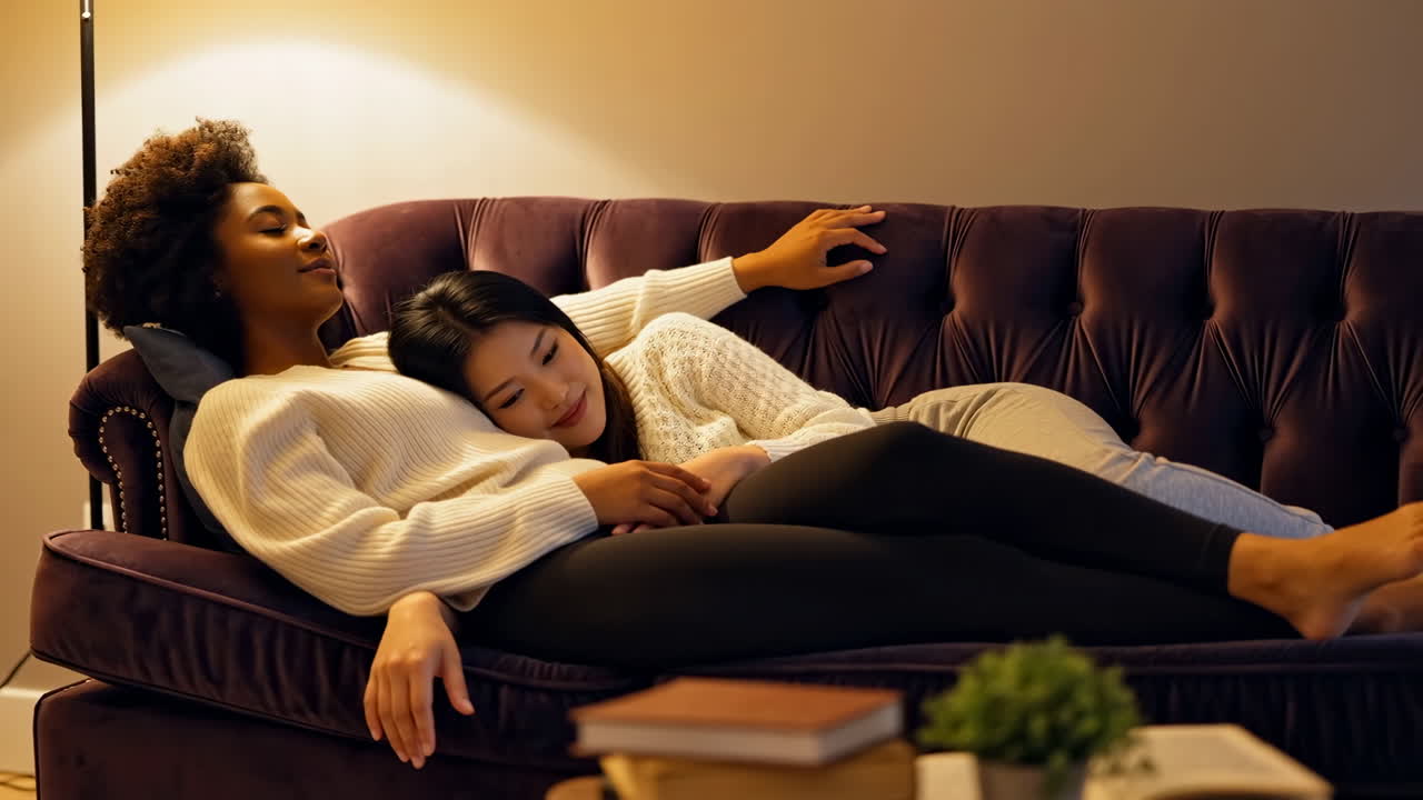 Two women relaxing and cuddling on a sofa