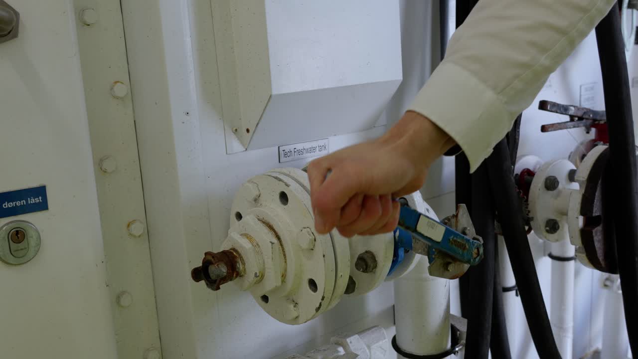 la tripulación del barco abre la válvula antes de rellenar el tanque de agua dulce del barco