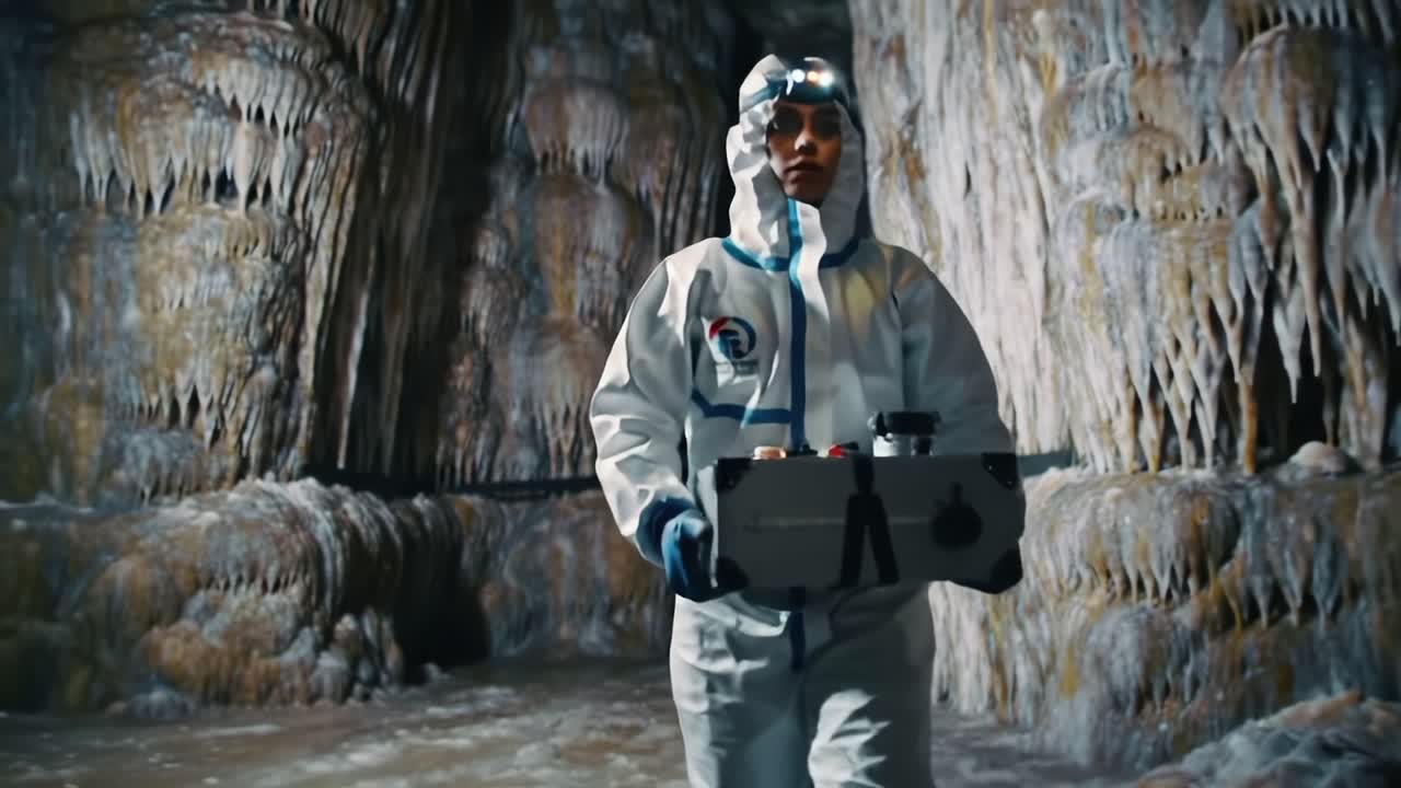 Exploring the Depths: An Adventurer in Protective Gear Navigates a Stunning Stalactite Cave with Scientific Equipment for Uncovering Nature's Secrets