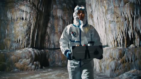 exploring the depths: an adventurer in protective gear navigates a stunning stalactite cave with scientific equipment for uncovering nature's secrets