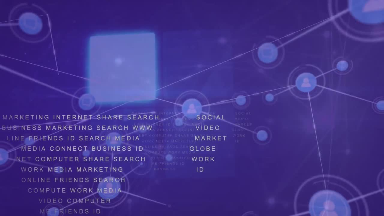 파란색 배경에 아이콘과 데이터 처리를 가진 연결 네트워크의 애니메이션