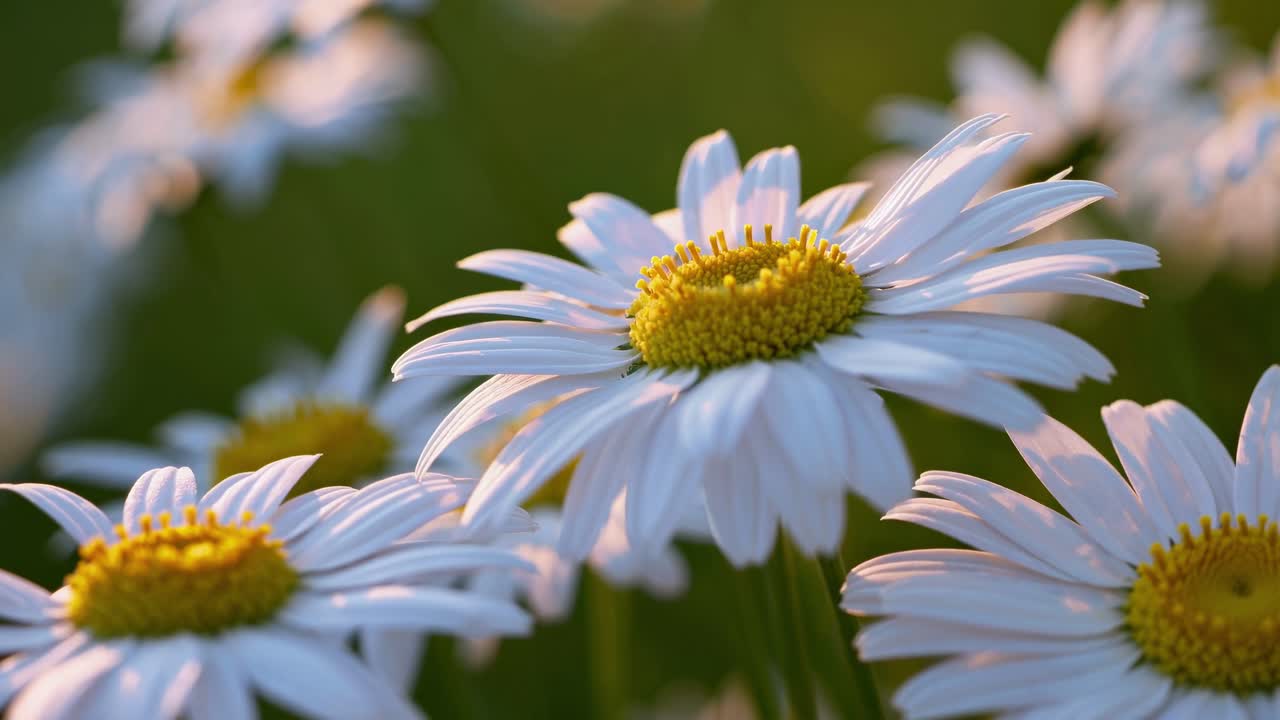 Close-up video angle of daisies in soft focus, capturing sunlight on petals