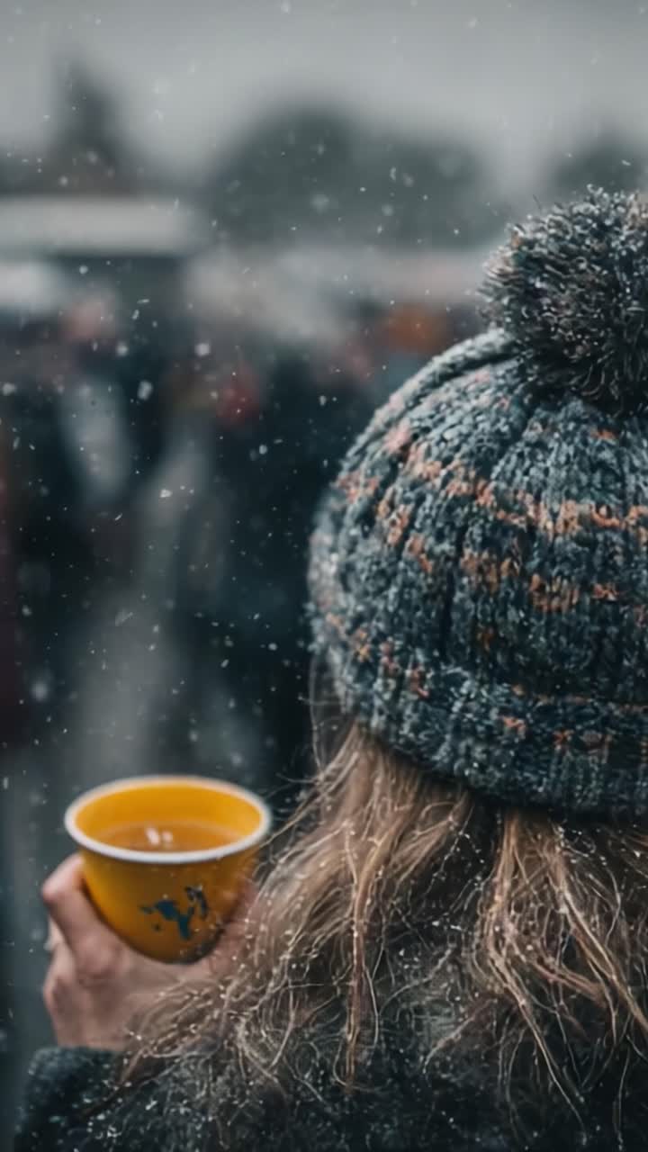 Un'accogliente scena catturata in un ambiente invernale che ritrae una persona con un cappello di lana che tiene in mano una bevanda calda, circondata da soffici fiocchi di neve e una folla sfocata