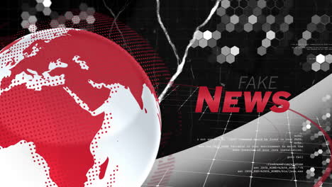 stylized digital globe being visualized on left, combining red halftone with fake news text on grid