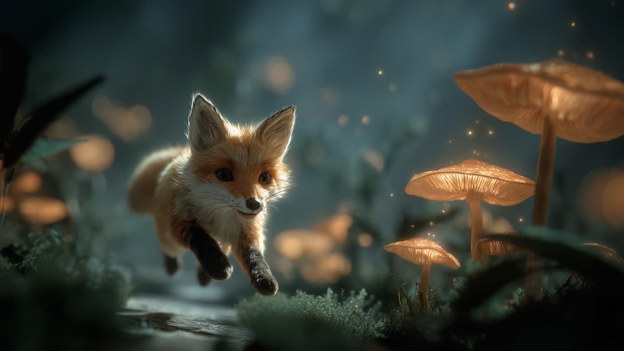 A playful fox dashes through a mystical forest illuminated by glowing mushrooms, capturing the enchanting essence of nature in vibrant colors and magical scenery