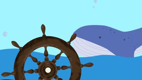 animation of ship steering wheel over whale in sea