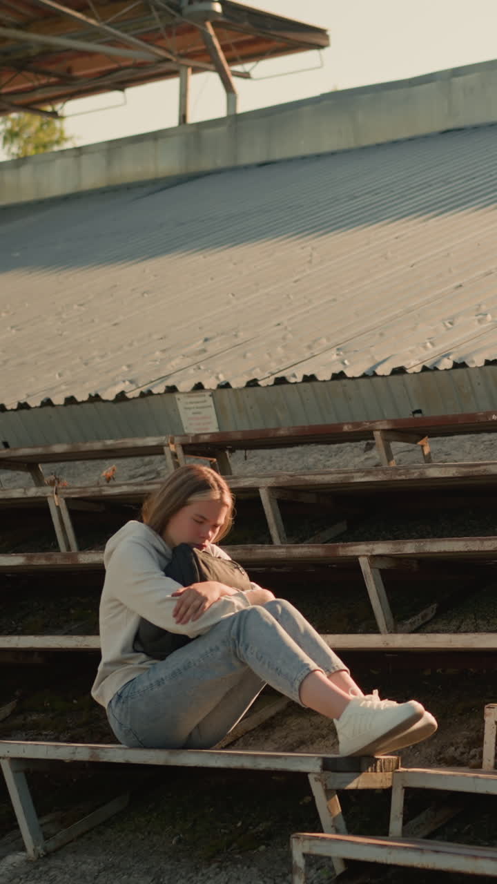 Lady seated alone on stadium bleachers holding her bag in thoughtful pose, gazing into distance, background includes metal roof structure and natural setting with trees and greenery