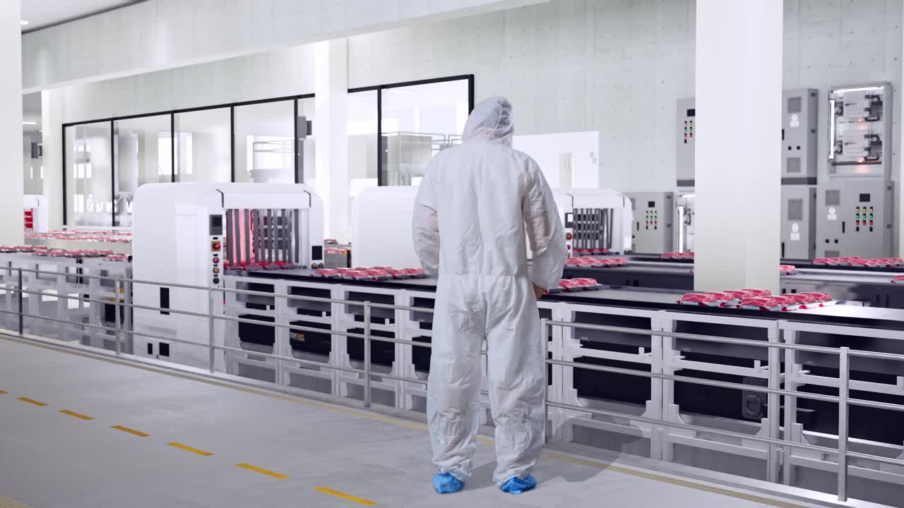 Meat Processing Plant Worker Observing Production Line