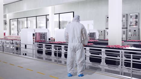meat processing plant worker observing production line