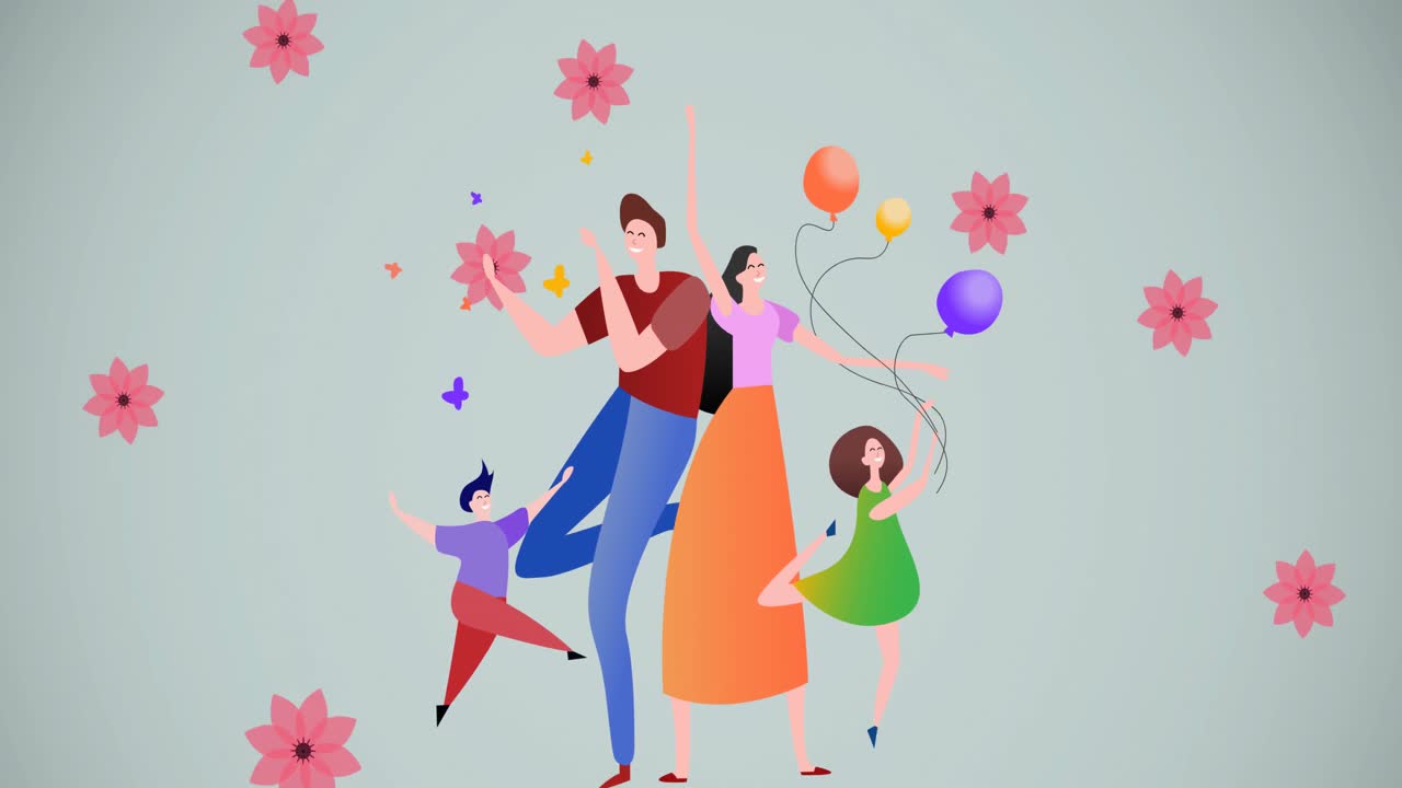 초록색 배경 에 놀고 있는 가족 의 구성