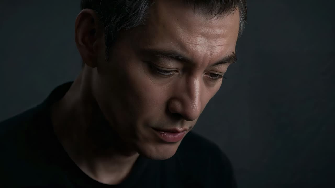 Camera shooting five frames for portrait in studio man tilting head lifting gaze wearing dark shirt
