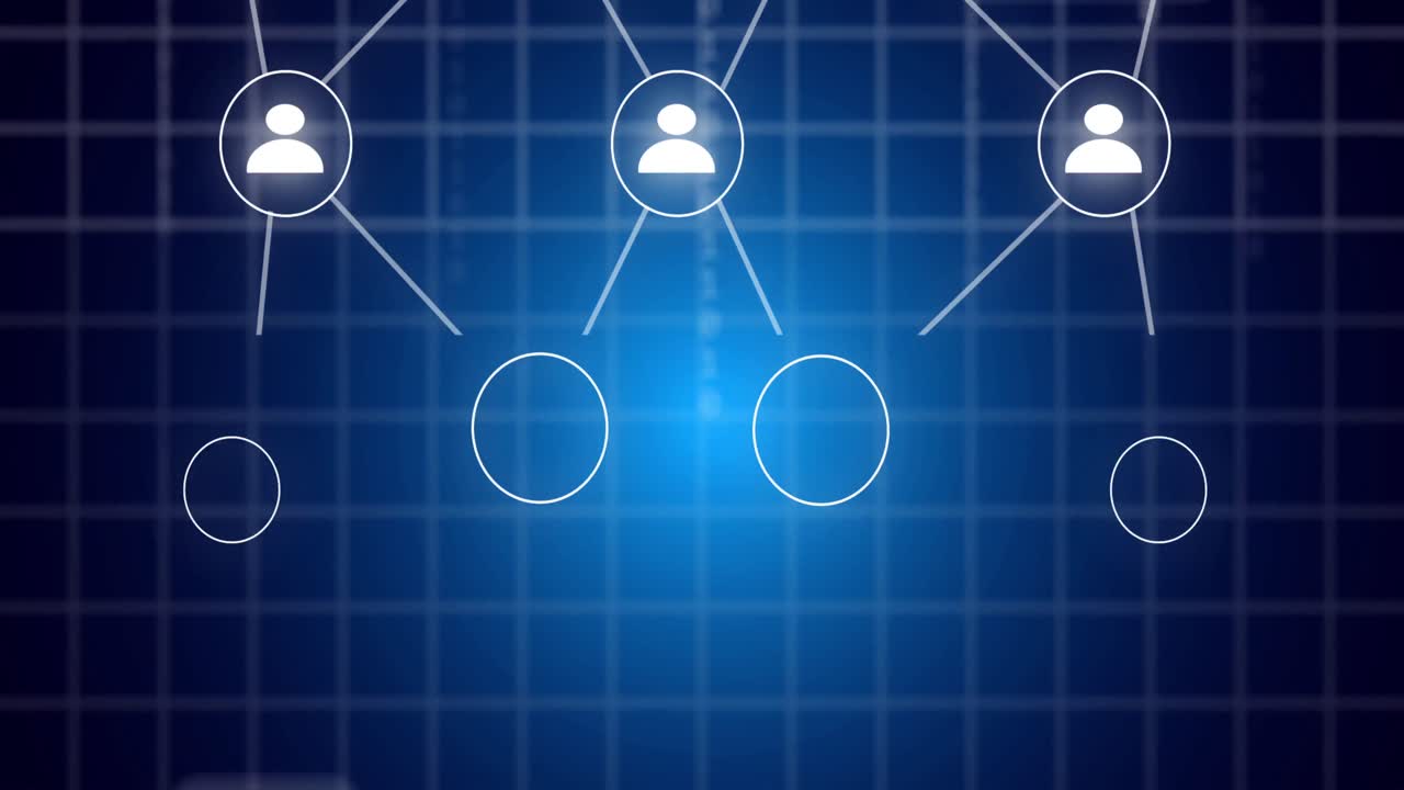 파란색 배경에 아이콘과 데이터 처리를 가진 연결 네트워크의 애니메이션