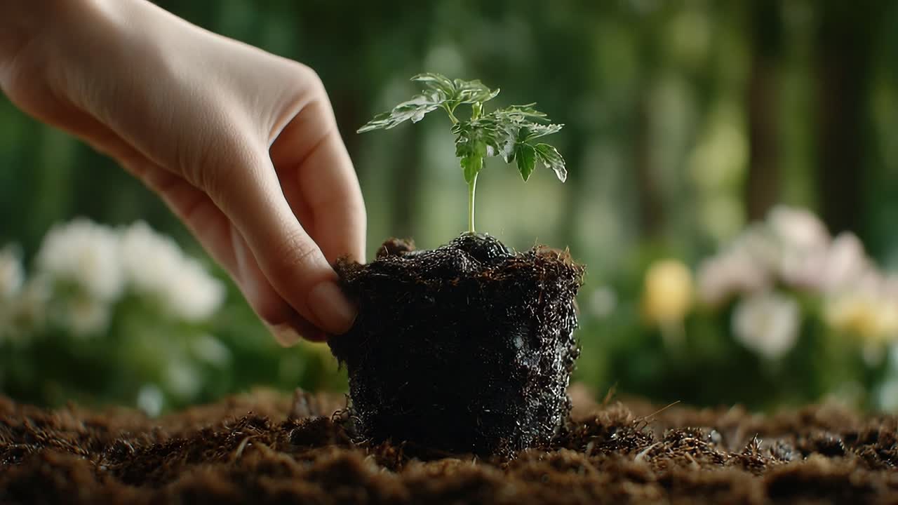 Nurturing Nature: A Depiction of Growth Captured in Two Frames, Showcasing a Young Plant Emerging from Rich Soil in a Serene Garden Setting