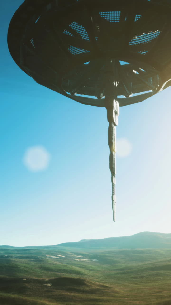 Mysterious alien ship hovering over lush landscape under a clear blue sky