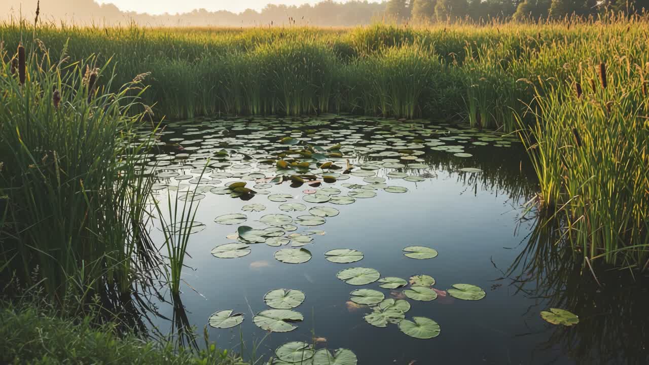 Serene Reflection of Nature: A Tranquil Pond Surrounded by Lush Greenery and Floating Lily Pads in a Quiet, Early Morning Landscape