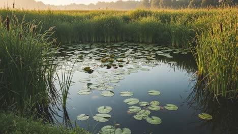 serene reflection of nature: a tranquil pond surrounded by lush greenery and floating lily pads in a quiet, early morning landscape