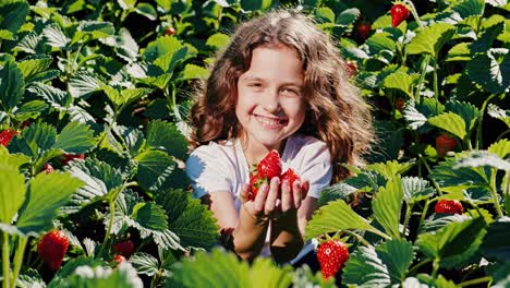 a joyful child holding strawberries in a lush field, captured from a low angle