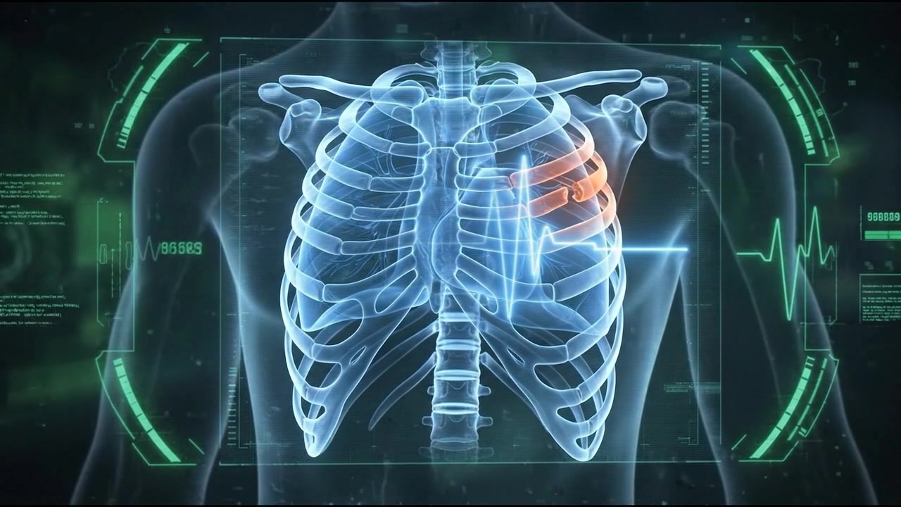 Gabbia toracica trasparente con evidenziazione del dolore al fianco rosso su schermo di imaging medico