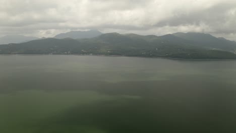drone aerial over lake yamanaka and mount fuji, japan, asia