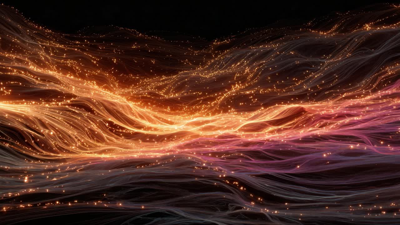 Luminous orange and pink particle trails creating a mesmerizing, undulating wave like pattern of light and energy, representing futuristic data flow and connectivity on a dark background