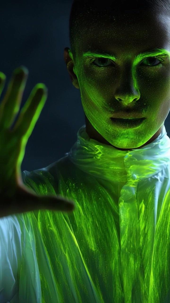 Uomo con vernice verde luminosa su viso e maglietta
